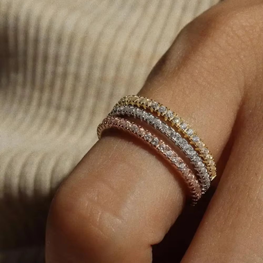 1/3 pièces mince délicat empilable anneau minimaliste pleine éternité bande cubique zircone couleur or Rose plaqué pavé anneaux pour les femmes