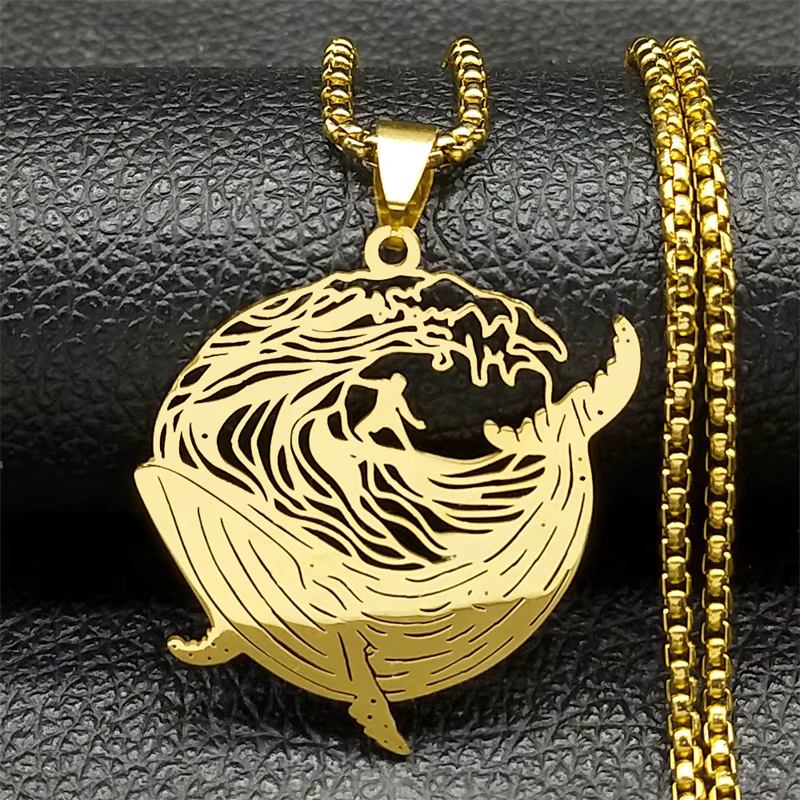 Collier d'équitation de surf de baleine pour hommes et femmes, acier inoxydable, document en or, sports, brave faith, bijoux masculins, cadeaux