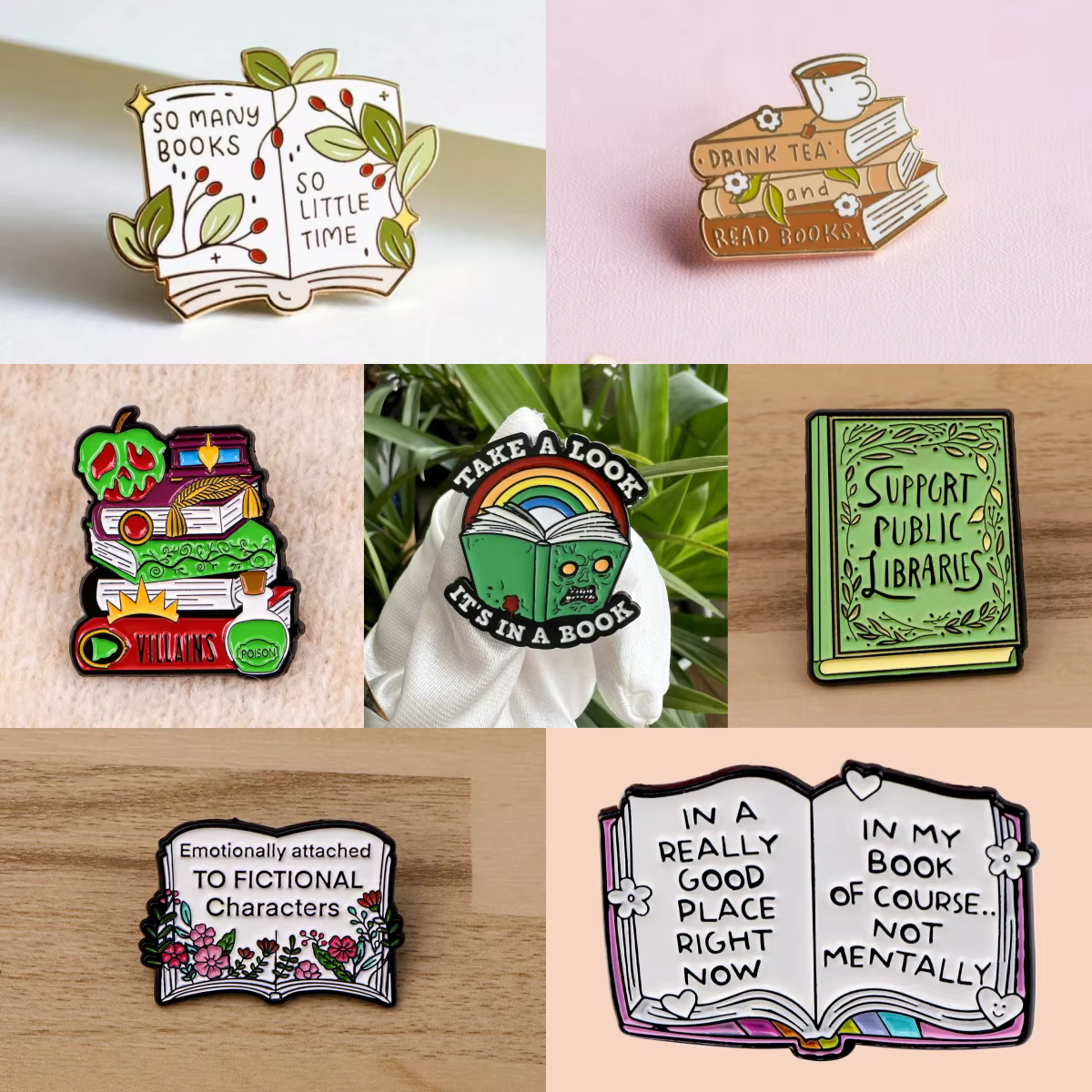 Broche en émail dur pour thé et livres, triples insignes de livres, broches de LIBRARES PUBLICES pour bijoux, accessoires, cadeaux pour les amateurs de livres