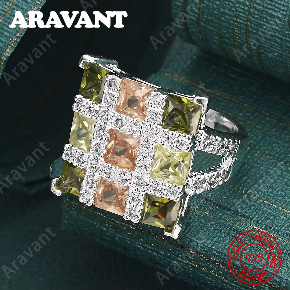Bague en argent sterling 925 avec zircon carré tricolore à neuf carrés pour femmes