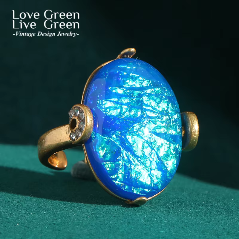Bague Vintage en opale bleu mer