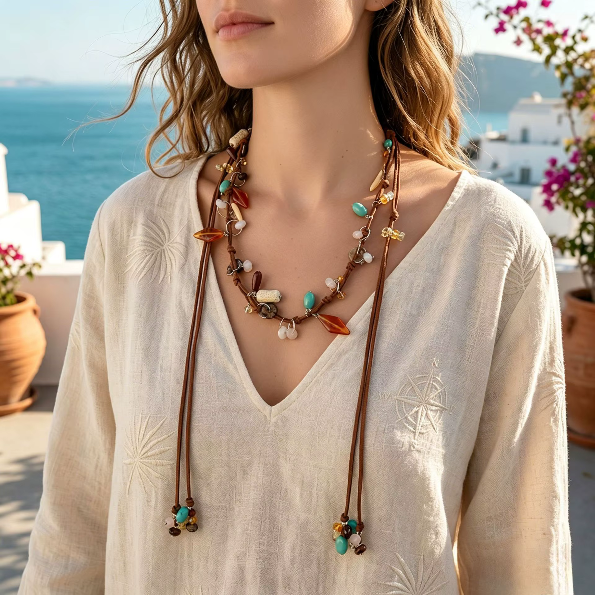 Collier en cuir perlé multicouche en résine style bohème pour femme