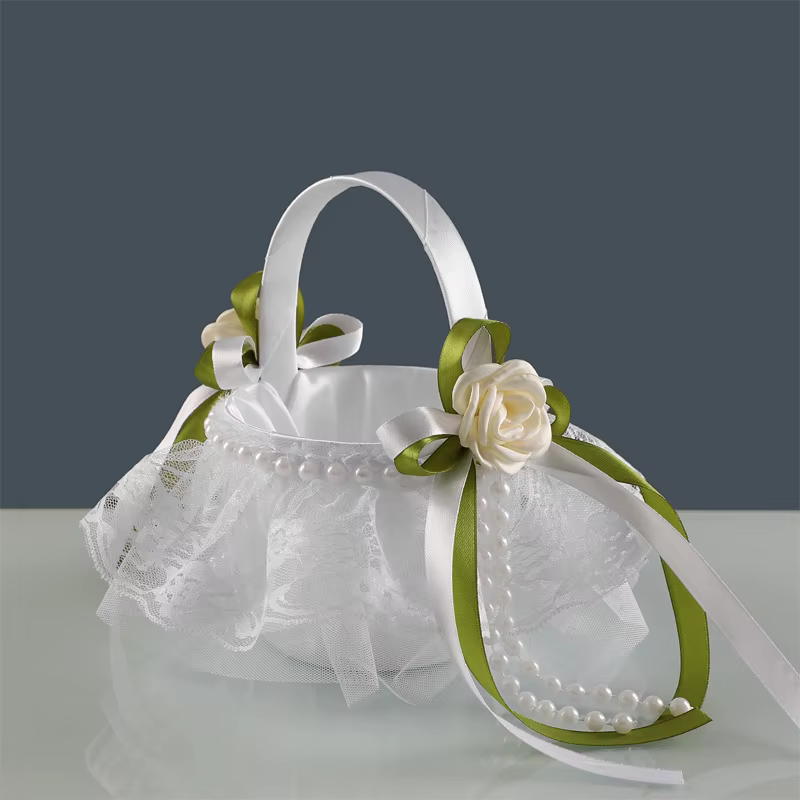1 panier à fleurs de mariage en satin - Design vert simple
