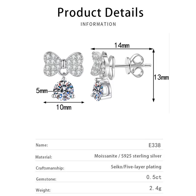 Boucles d'oreilles en moissanite avec nœud papillon