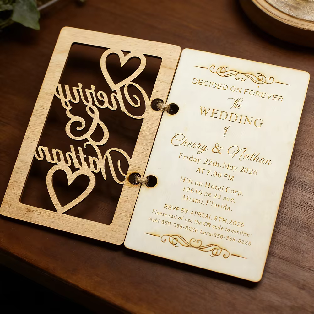 2/5/10/35 ensembles d'invitation de mariage en bois avec nom personnalisé avec couvercle