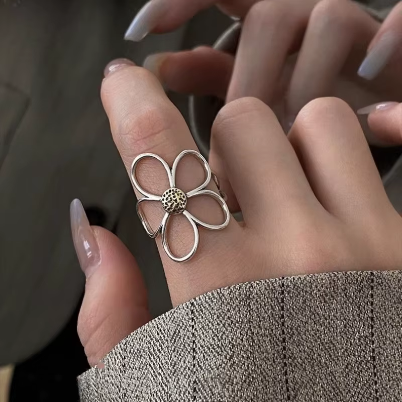 Bagues couleur argent pour femmes, Couple minimaliste, fait à la main, Simple, grande fleur, bijoux esthétiques de fête, cadeau, accessoires Y2K