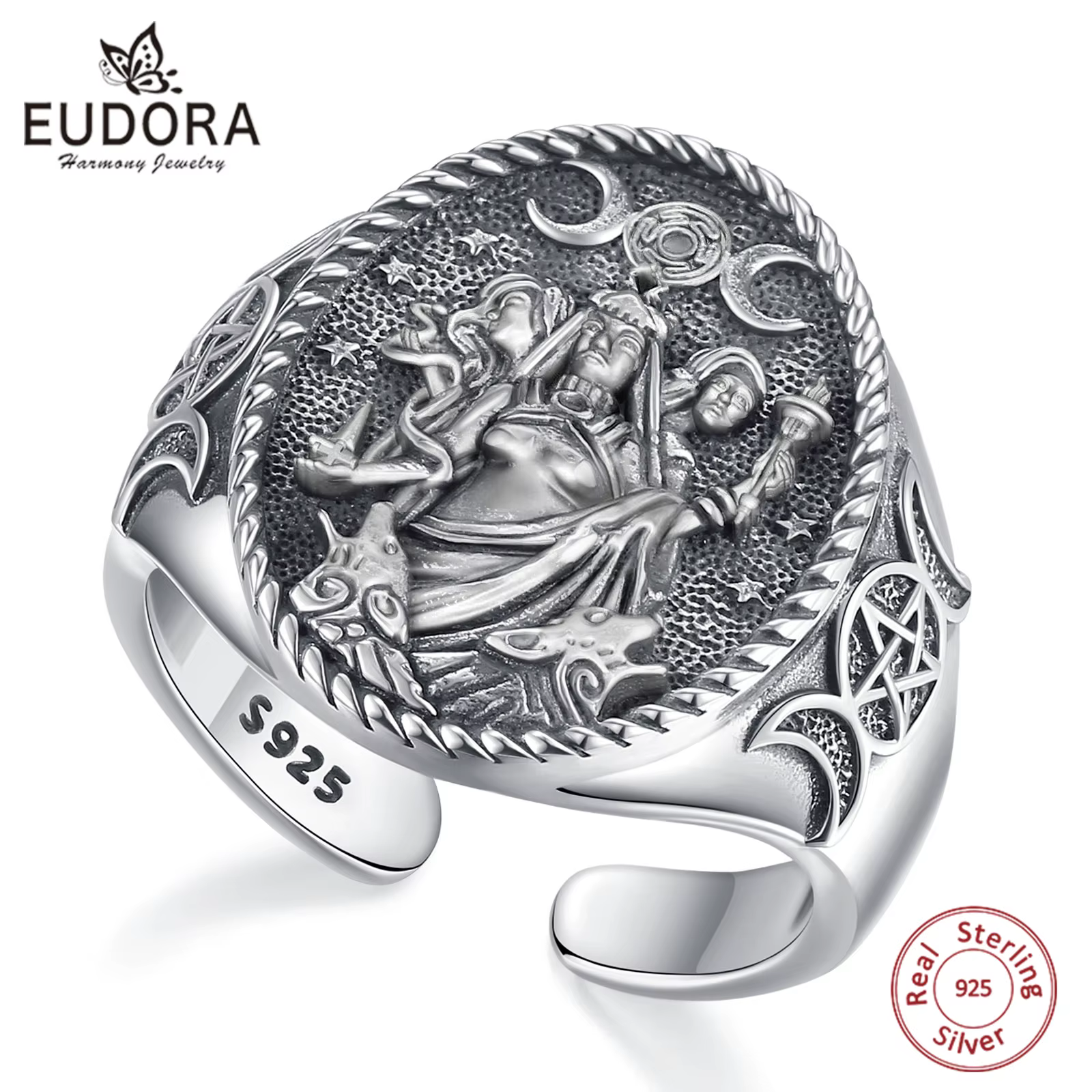 Eudora 925 argent Sterling Triple déesse de la lune anneau réglable chien Hecate amulette