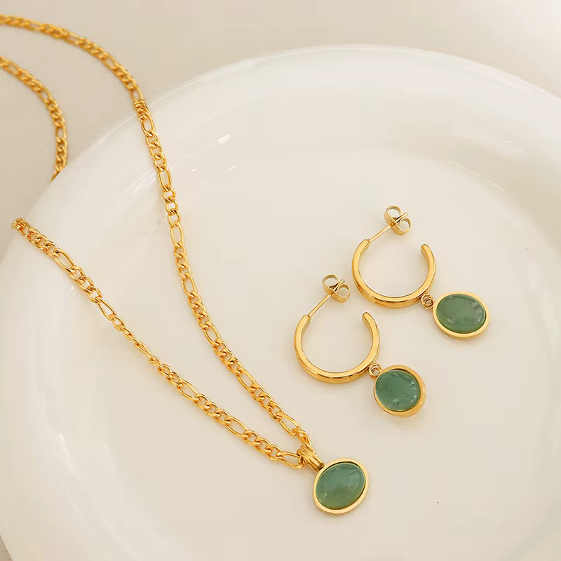 Collier et boucles d'oreilles avec pendentif Aventurine verte pour femmes
