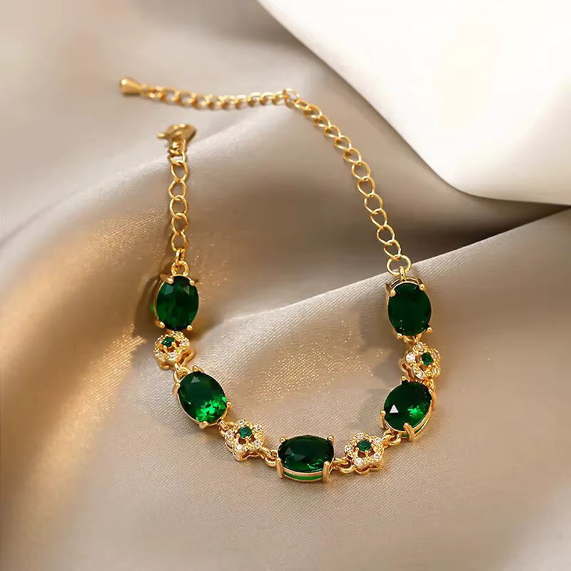 Luxe Vert Strass Cristal Bracelet Or Couleur Lien Chaîne Bracelets Pour Femmes Vintage Fête Mariage Bijoux De Mariée Cadeaux