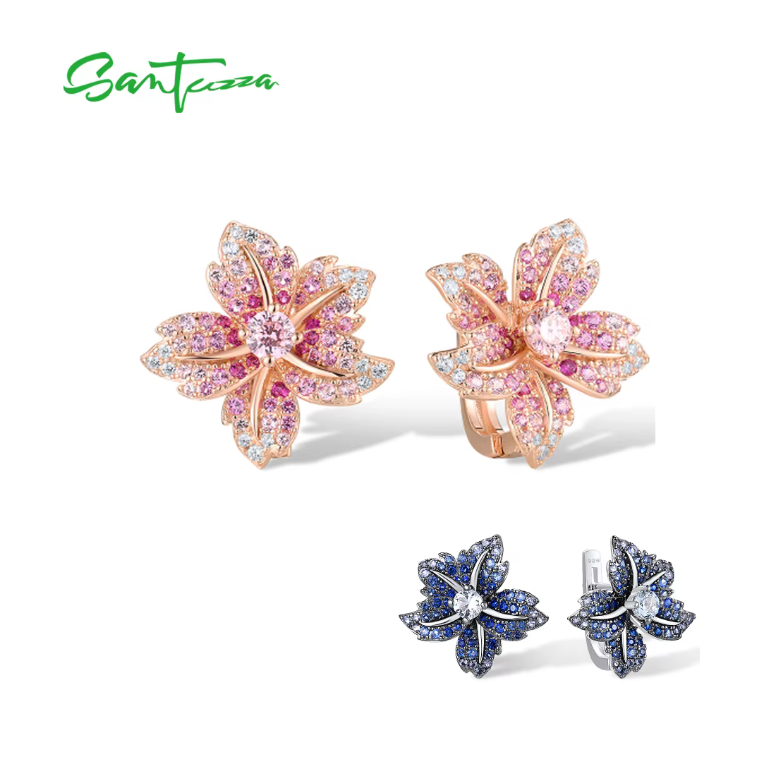 SANTUZZA – boucles d'oreilles en argent Sterling 925 pur pour femmes, pierre bleue scintillante rose, fleur de lys, loquet arrière, bijoux fins de fête de luxe