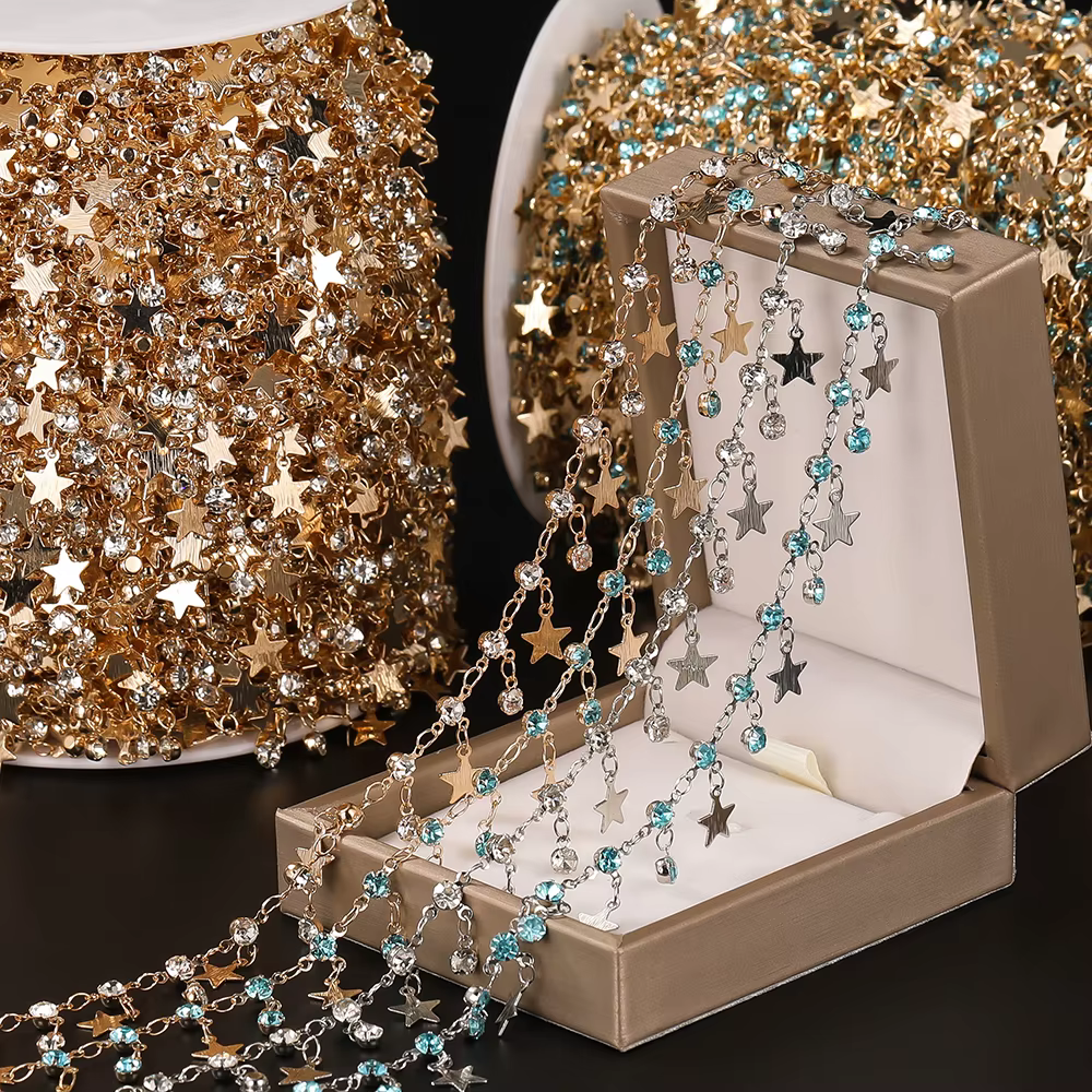 Chaînes étoiles de 1 mètre, Micro incrustation d'étoiles en cristal, chaînes en cuivre pour Bracelet et collier faits à la main, accessoires de fabrication de bijoux à faire soi-même