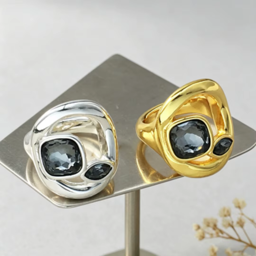 Bague en cristal gris géométrique or et argent