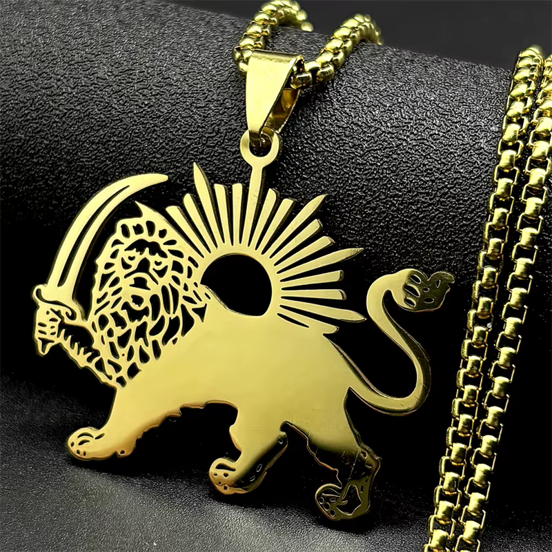 Collier pendentif Shamshir Lion de Perse, épée islamique iranienne, pour femmes et hommes, en acier inoxydable, couleur or, chaîne arabe iranienne, bijoux