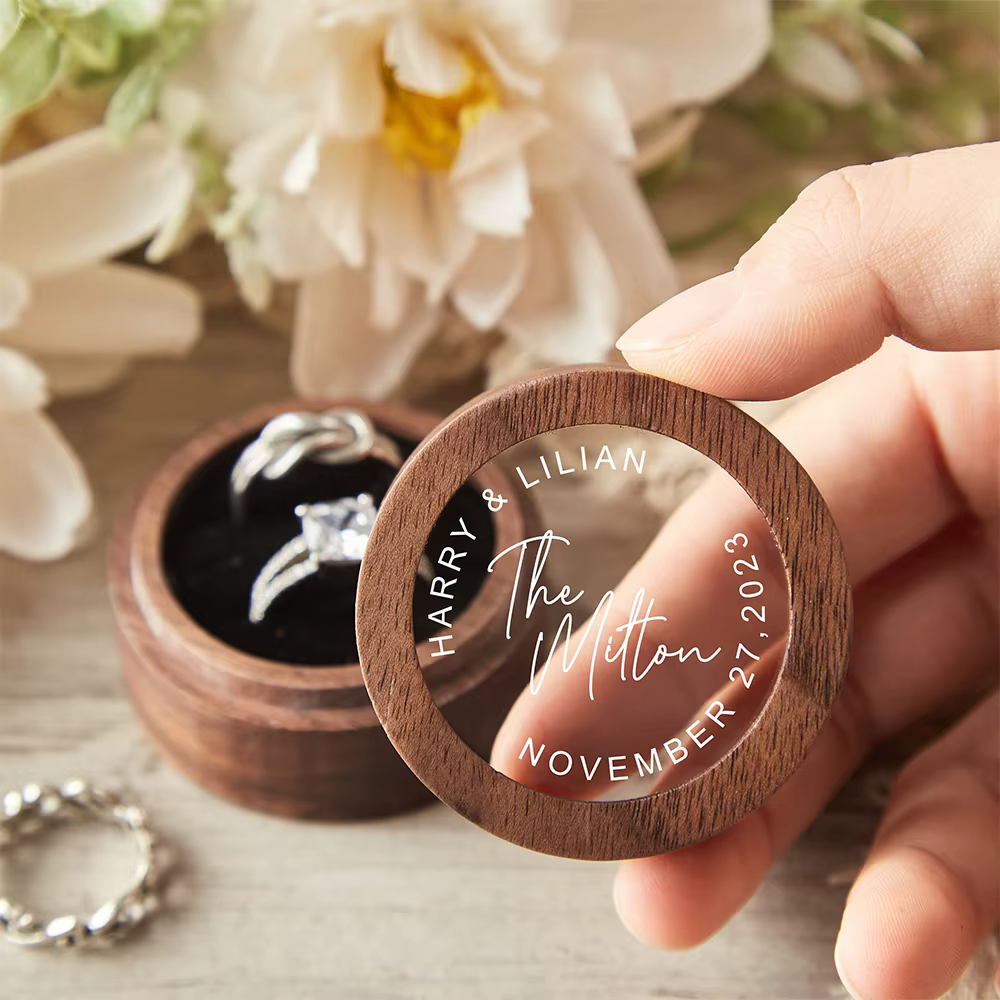 Boîte à matiques de mariage en bois personnalisée avec couvercle en acrylique transparent