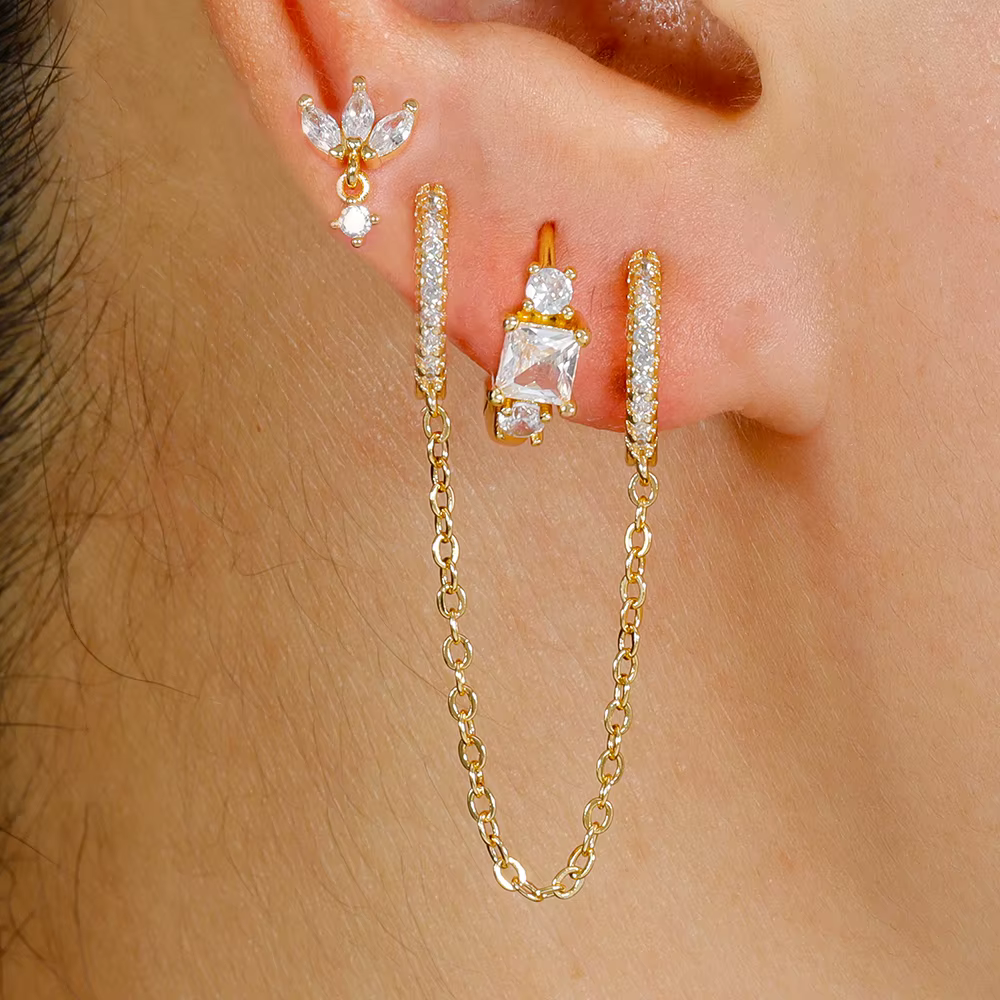 Boucles d'oreilles créoles à deux trous en acier inoxydable pour femmes, ensemble de 3 pièces, simples, petites feuilles, accessoires de bijoux à la mode pour dames
