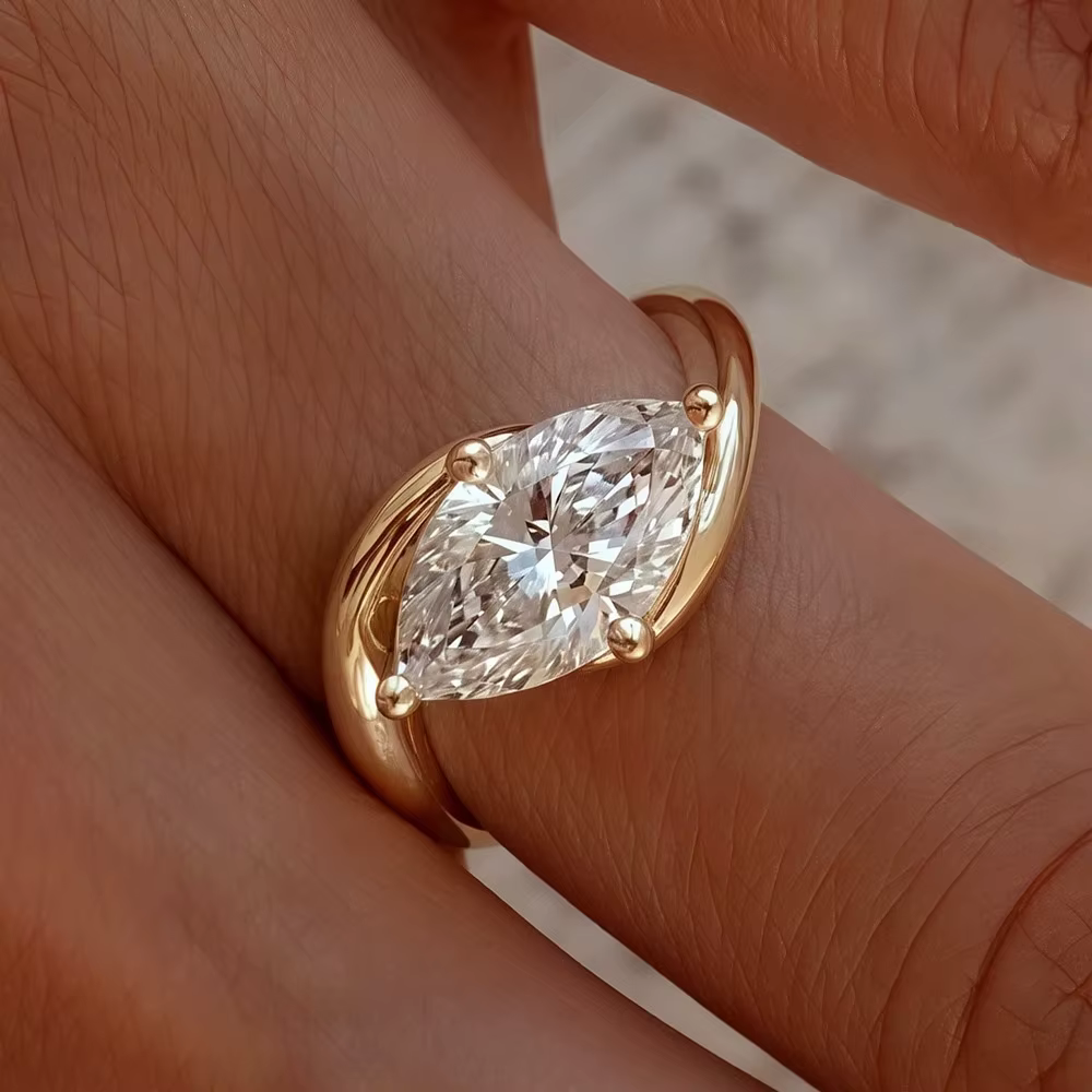 Bague de fiançailles en Moissanite taille Marquise avec céramique