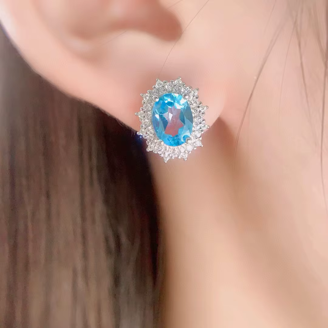 Boucles d'oreilles en topaze bleue claire pure, bijoux en argent 925, plaqué or 18 carats, sans allergie, 6mm * 8mm, 2ct