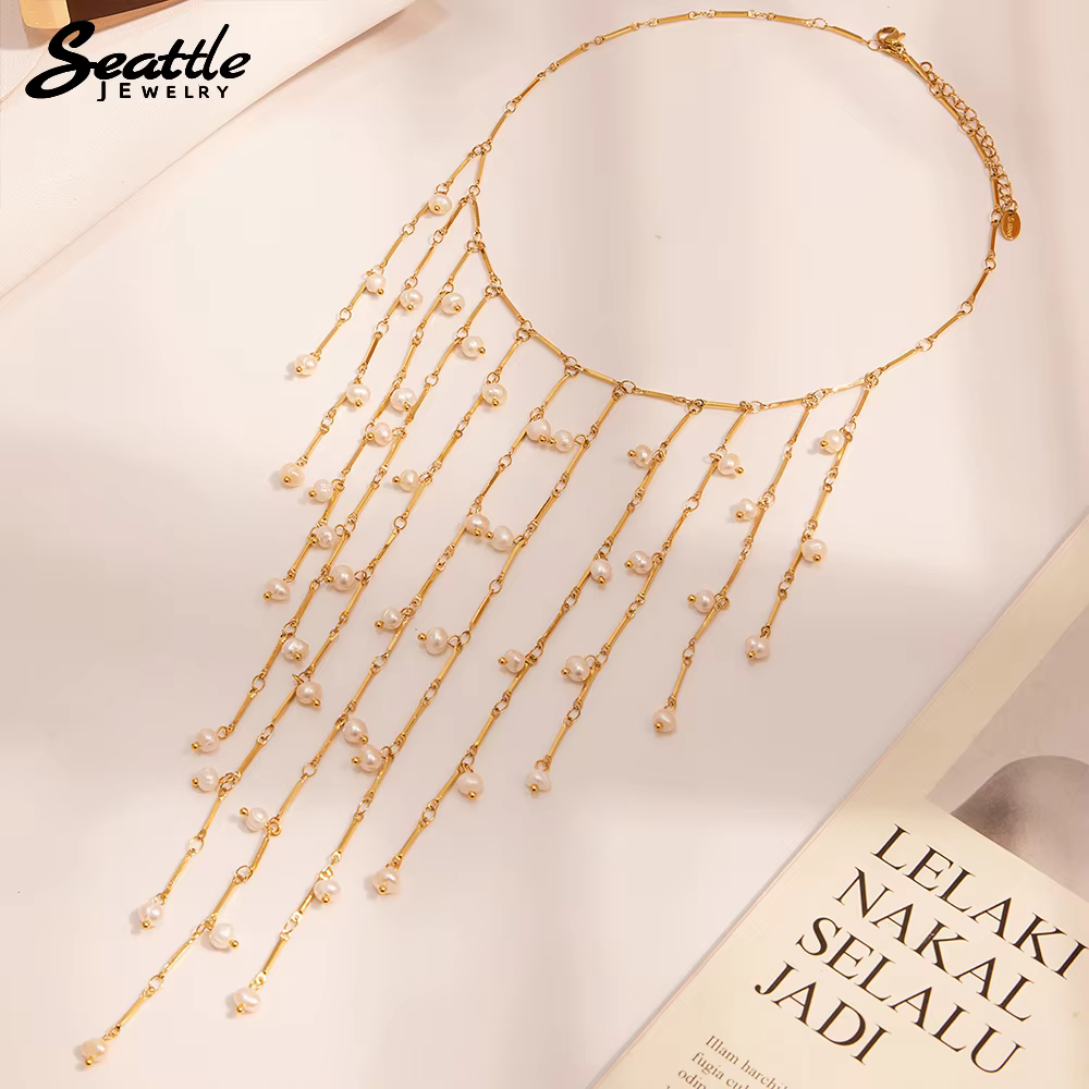 Collier de perles d'eau douce naturelles en argent doré pour femmes