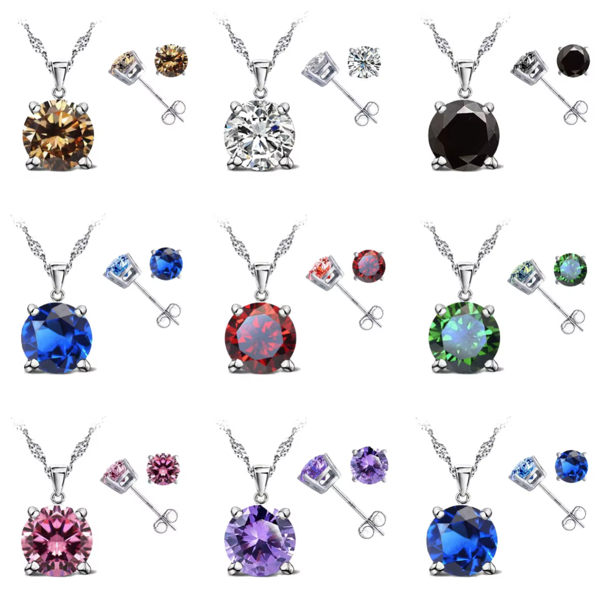 Bonne qualité 925 en argent Sterling couleur ensembles de bijoux pour femme classique griffe réglage cubique zircone boucle d'oreille pendentif collier