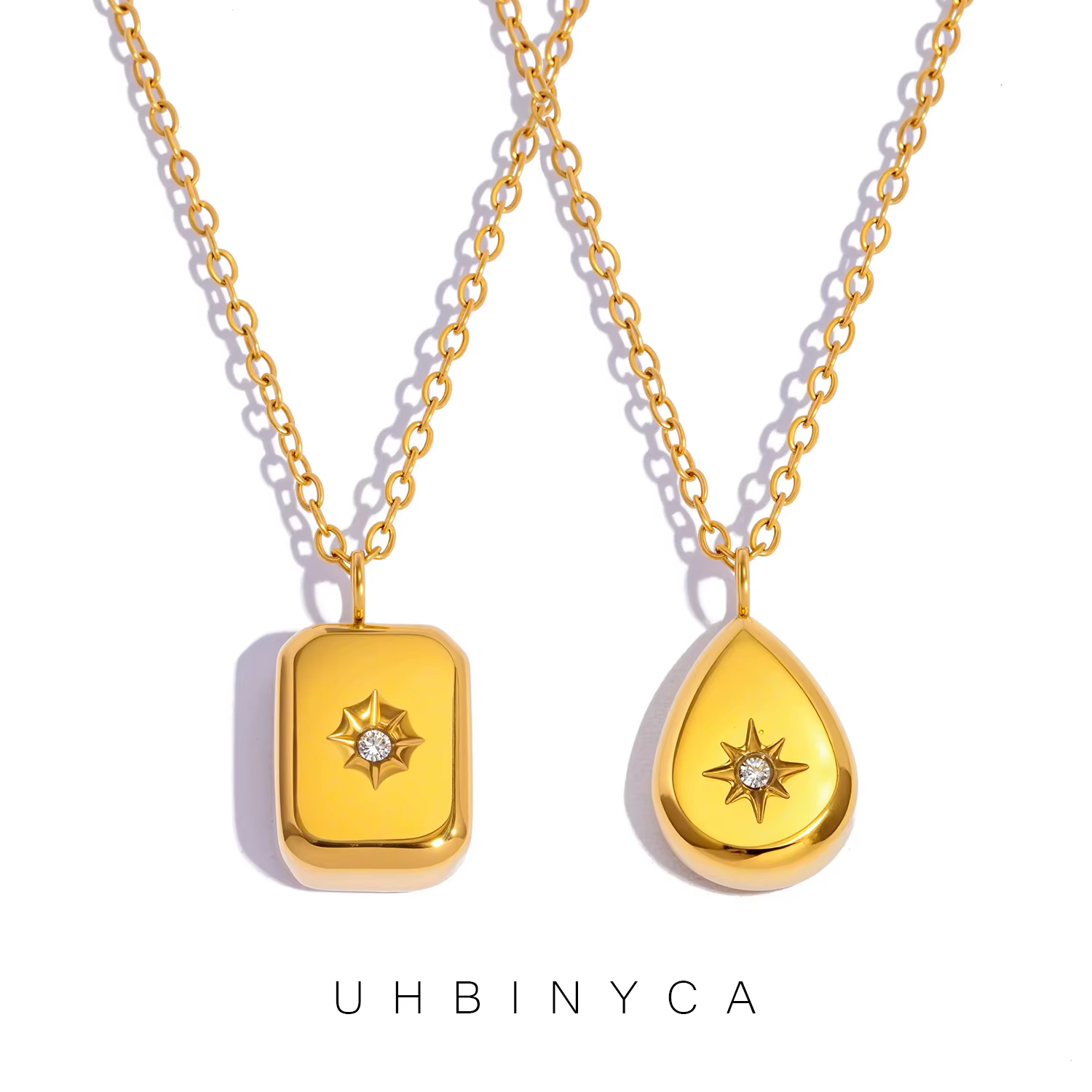 Collier exquis avec pendentif briolette et carré pour femme | Chaîne plaquée or 18 carats en acier inoxydable poli