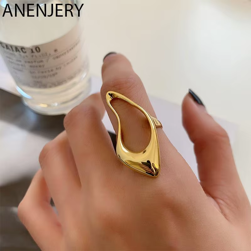 ANENJERY couleur argent creux irrégulier géométrique grands anneaux pour hommes femmes redimensionnable
