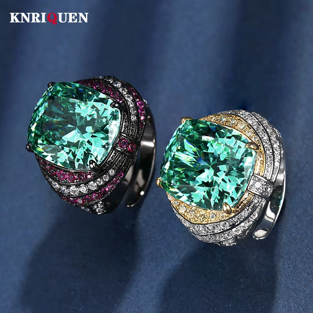Bague rétro en diamant de laboratoire de Tourmaline verte Paraiba