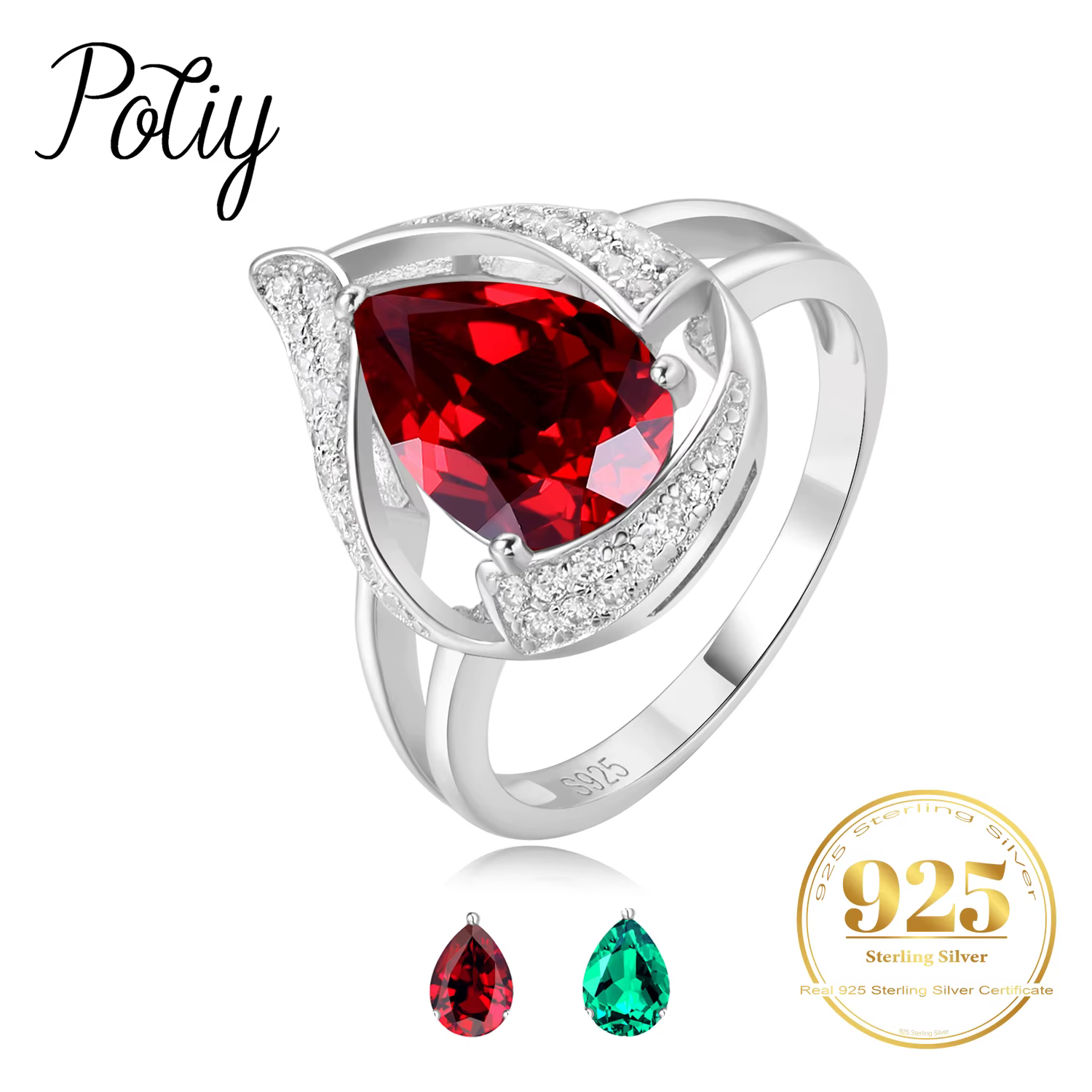 Bague Potiy en argent sterling 925 avec émeraude nano simulée de 2