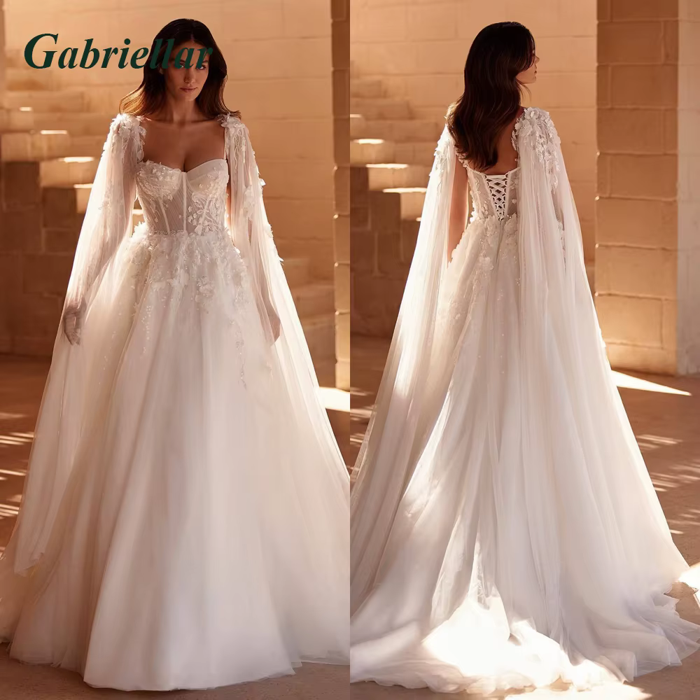 Gabriellar élégant dentelle robes de mariée Appliques bretelles a-ligne châle luxe cape chérie robe