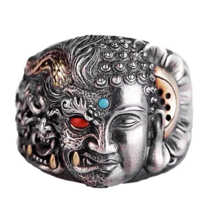Bague démon bouddha double face dominatrice personnalisée pour hommes