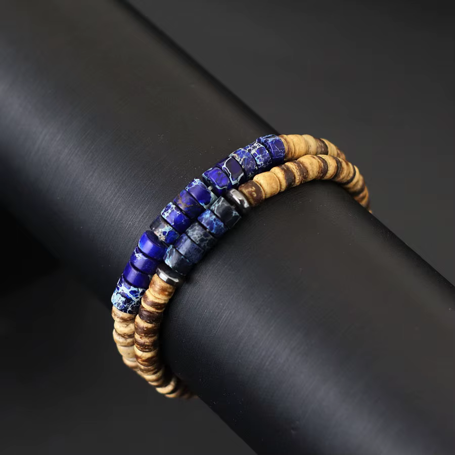 Bohême 2 pièces/ensemble Bracelet en bois hommes femmes naturel coquille de noix de coco perles empereur pierre élastique Braslet méditation Yoga main bijoux