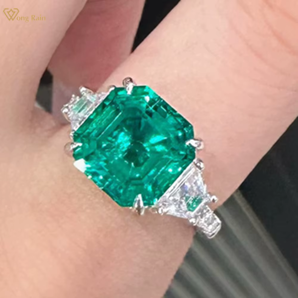 Wong Rain Pass Test 925 en argent Sterling scintillant Asscher coupe 6.5 CT émeraude saphir gemmes bagues de fiançailles de mariage bijoux fins