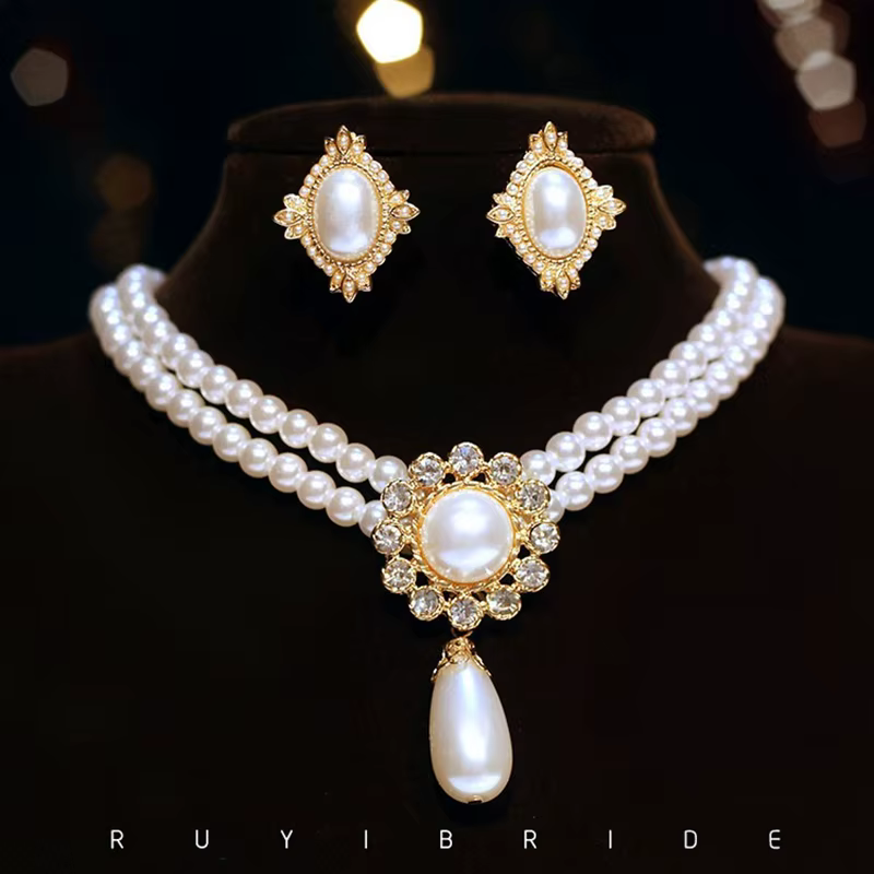 SHMIK élégant Vintage palais plein perle pendentif collier chaînes boucles d'oreilles pour femmes dame classique exquis