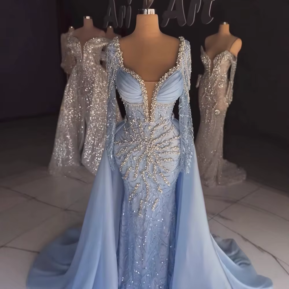 Robe de soirée de luxe en perles bleues