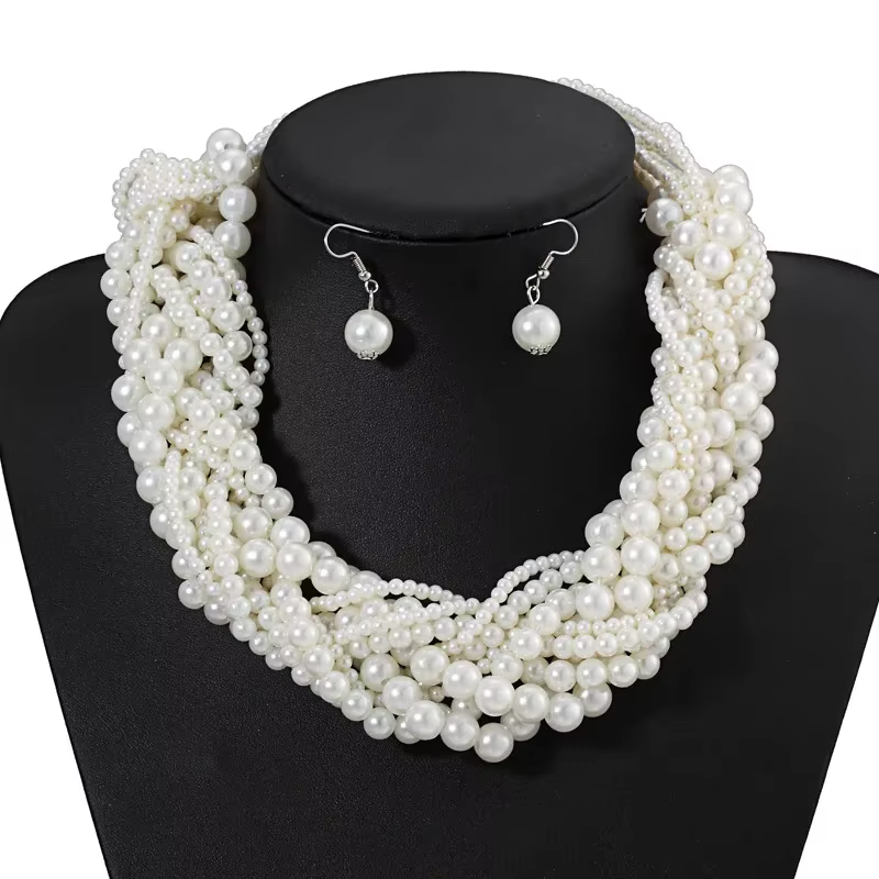 Collier et boucles d'oreilles en perles simulées faites à la main pour femmes, tour de cou classique, ensembles de bijoux de déclaration, fête de luxe, ensemble de bijoux de mariage