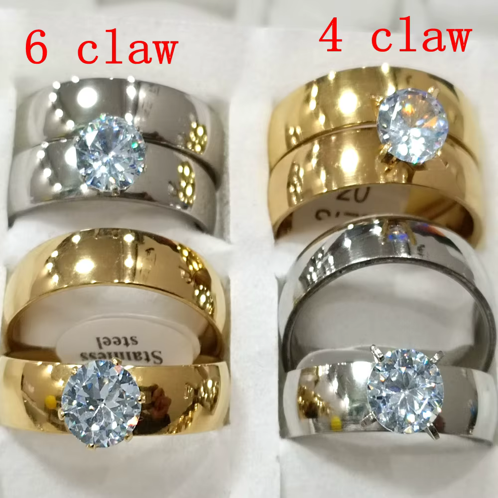 10 ensembles (20 pièces) de bagues de mariage classiques en acier inoxydable avec zircon