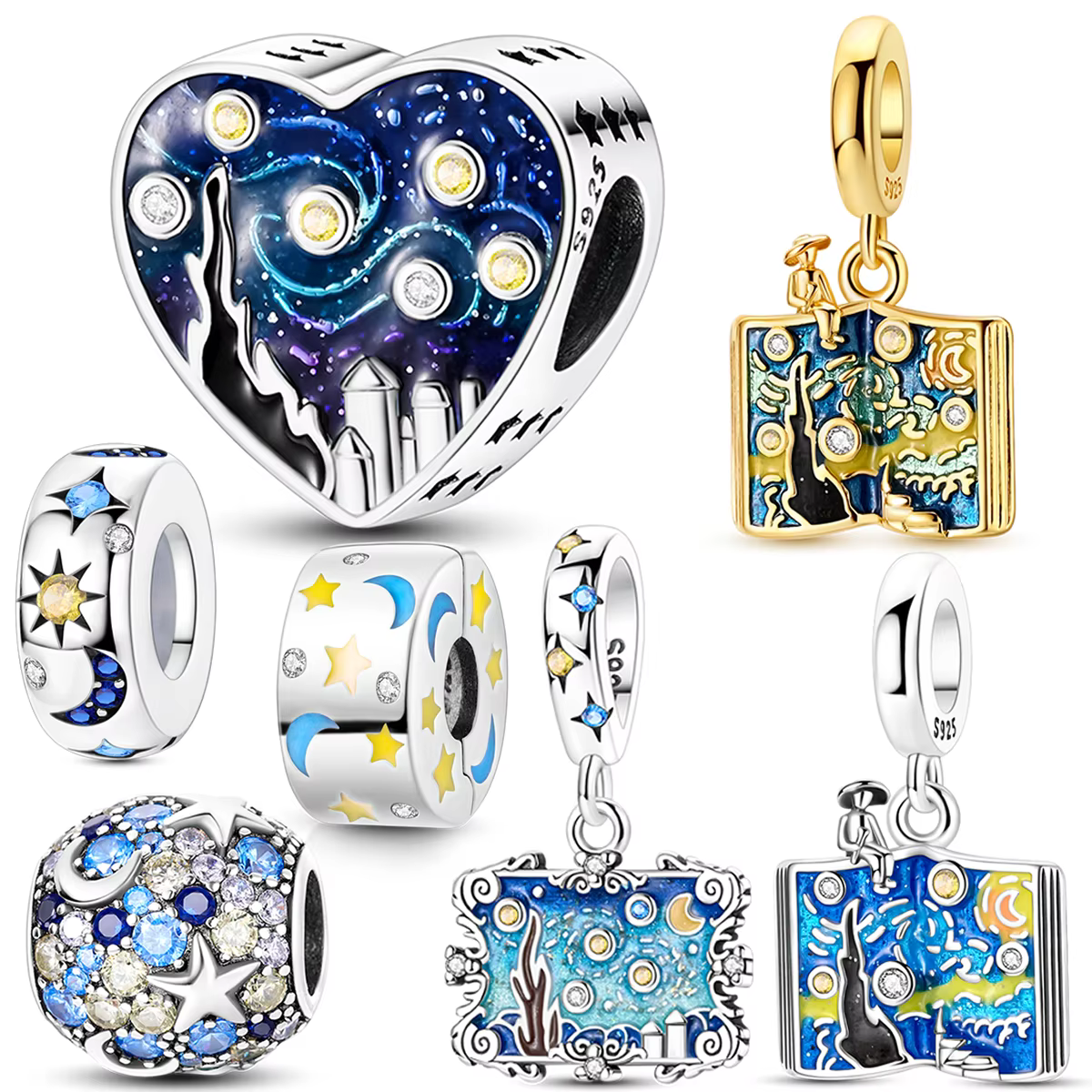 Breloque Ciel Étoilé Vincent van Gogh en Argent Sterling 925 avec Zircon Cubique