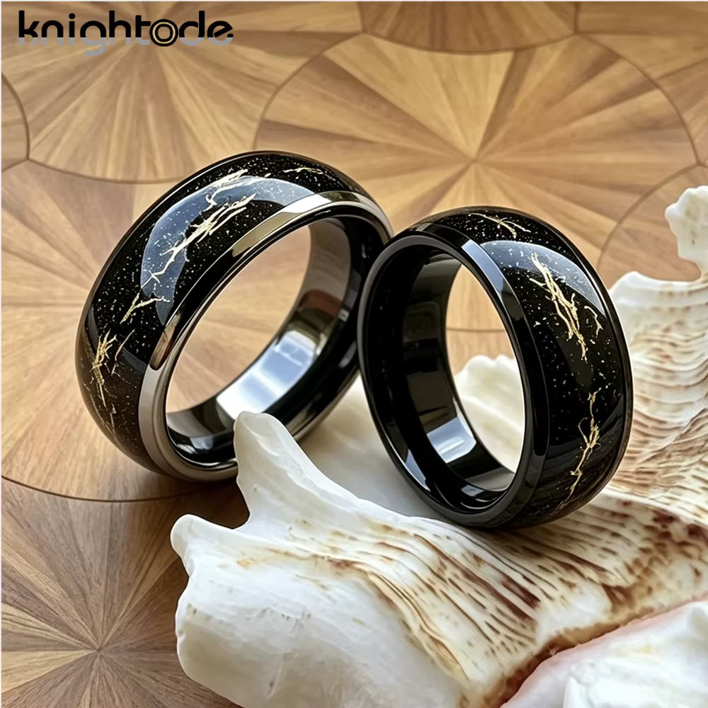 Bague de fiançailles et de mariage en tungstène de 8 mm avec incrustation de feuille d'or sablée, pour hommes et femmes, forme dôme polie, ajustement confortable