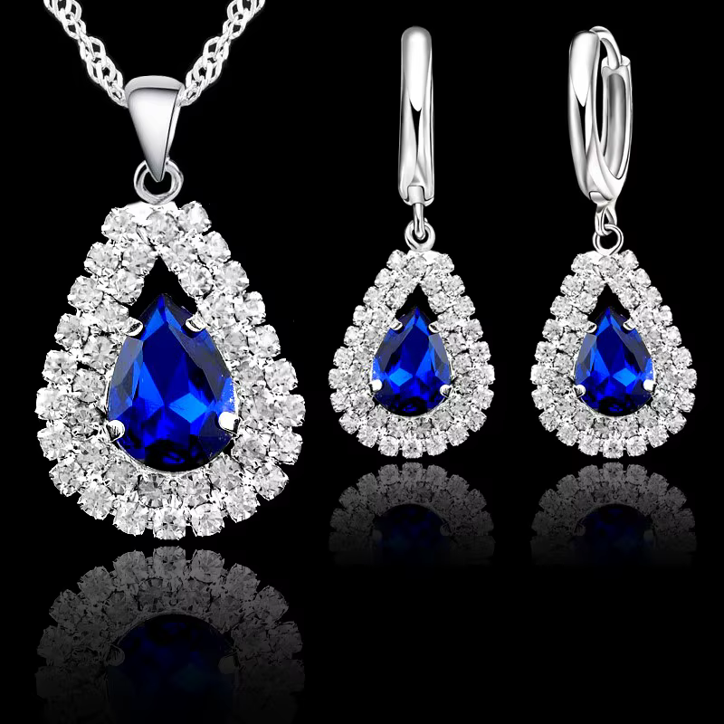 Ensembles de bijoux de mariage élégants en argent Sterling 925 pour femmes, goutte d'eau Fine, pendentif de fiançailles en cristal, collier et boucles d'oreilles