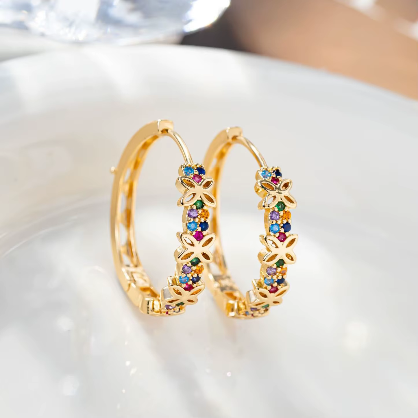 Déclaration femme arc-en-ciel fleur Zircon pierre boucles d'oreilles de luxe couleur or bijoux de mariage pour les femmes