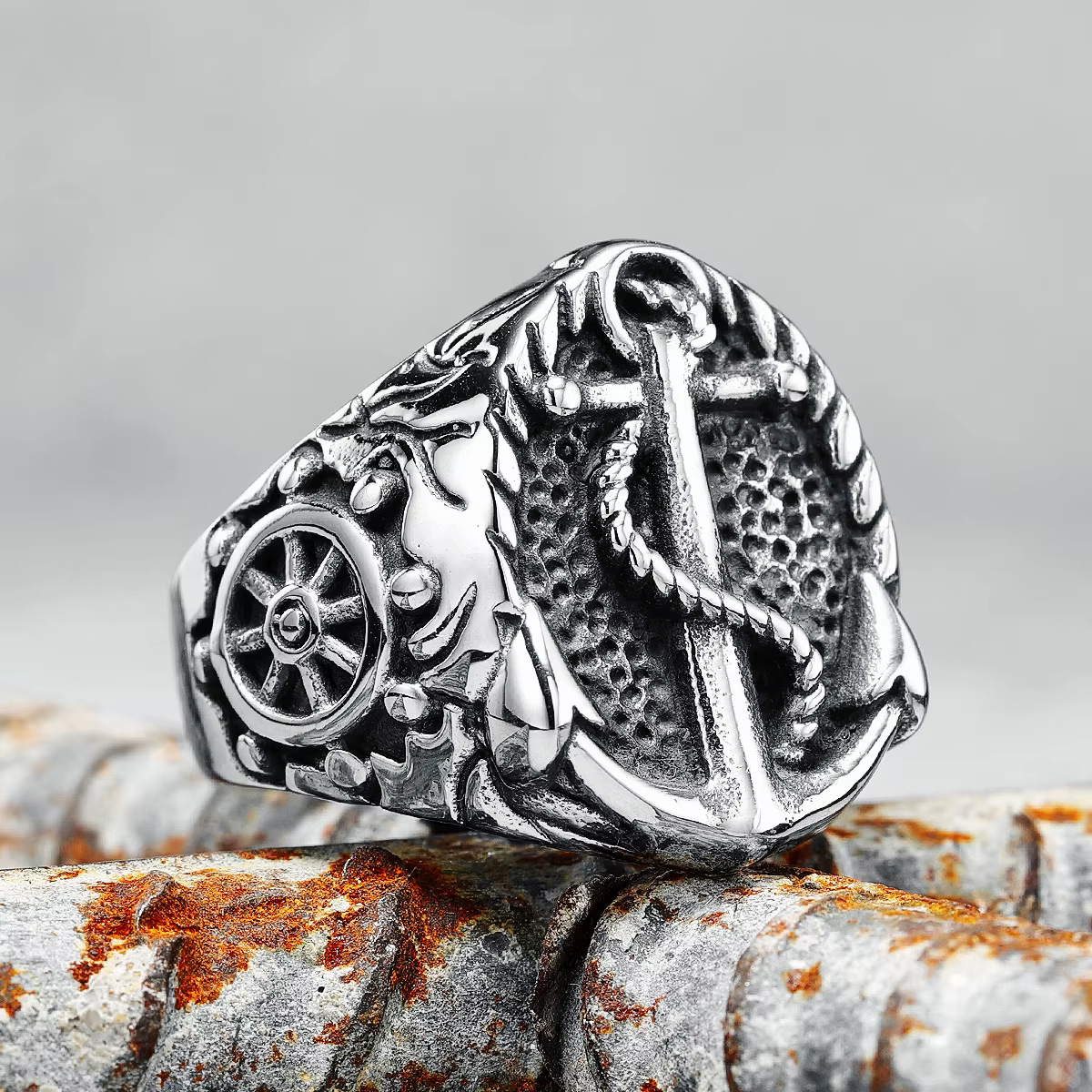 Bague ancre rétro en acier inoxydable 316L pour hommes