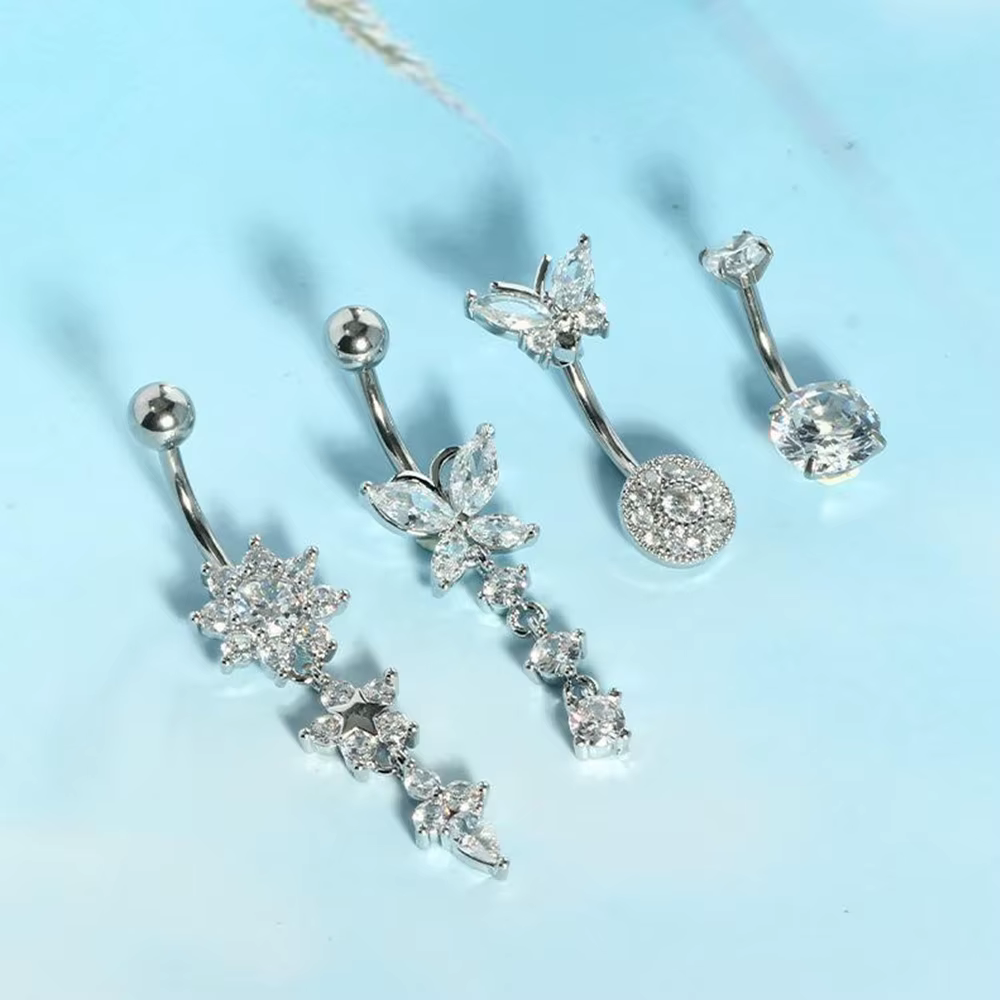 Lot de 4 Piercings de Nombril 14G avec Pendentif Papillon et Fleur