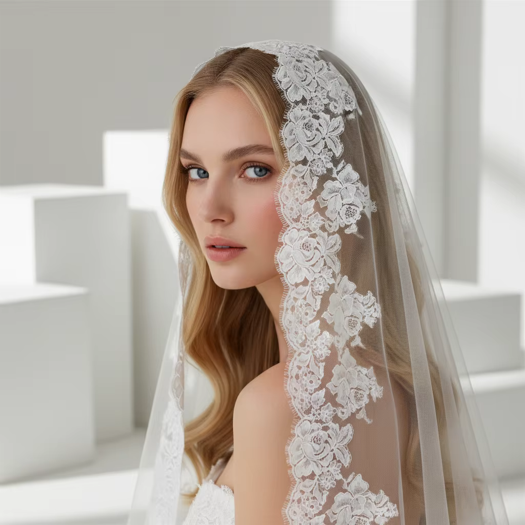 Voile de mariée élégant en dentelle blanche avec appliques florales
