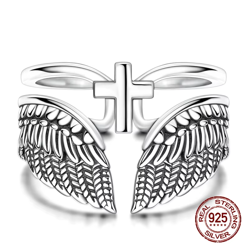 Bague ajustable ouverte en argent sterling 925 avec ailes d'ange vintage et croix