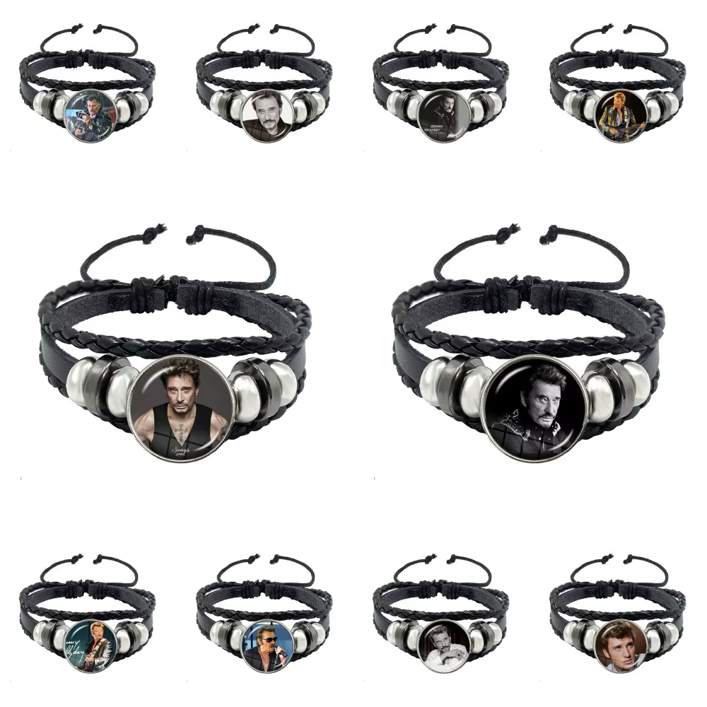 Johnny Hallyday Bracelet en cuir multicouche Rock Star Art affiche verre bracelets faits à la main