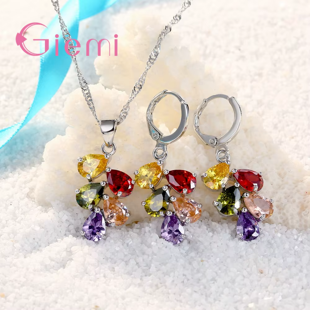 Pur 925 argent Sterling vigne goutte d'eau zircon cubique pendentif collier boucles d'oreilles ensembles de bijoux pour les femmes cadeaux de fiançailles de fête