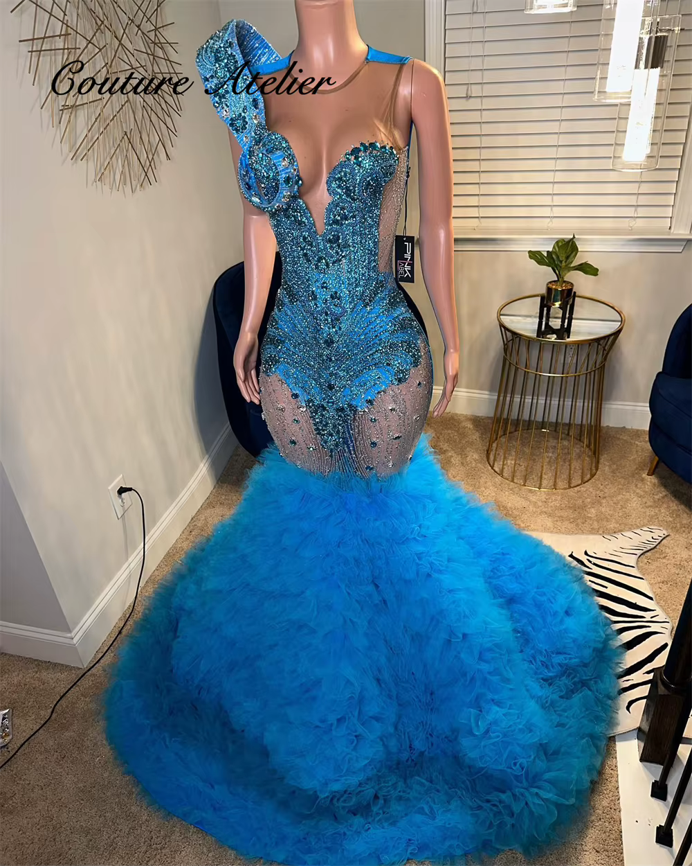 Robe de Rhfroncée en tulle bleu paon pour filles noires personnalisées