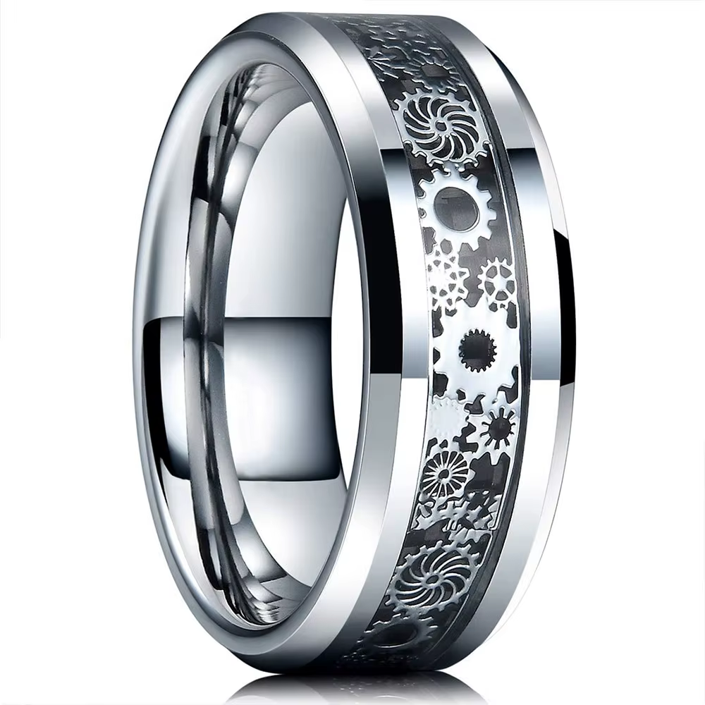 Bague Vintage en acier inoxydable pour hommes, roue dentée Steampunk, couleur argent, incrustation de Dragon celtique, bague en Fiber de carbone noire, bracelet de mariage pour hommes