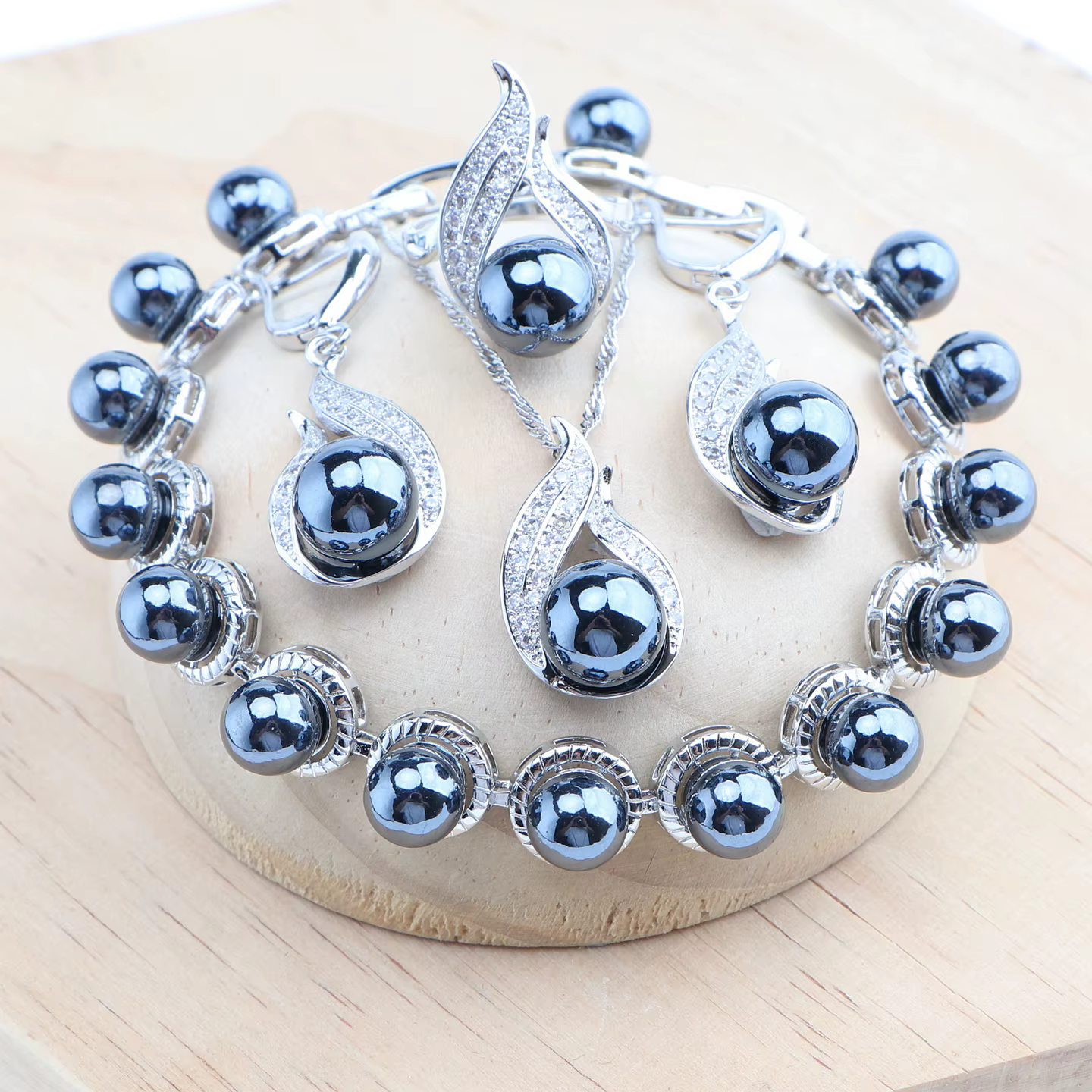 Ensemble de bijoux en argent 925 avec perles noires