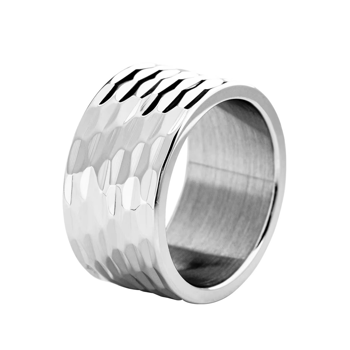 Bague en acier inoxydable pour hommes, couleur argent, martelée, multi-facettes, bords étagés polis, bague de fiançailles, cadeaux d'anniversaire, 12MM
