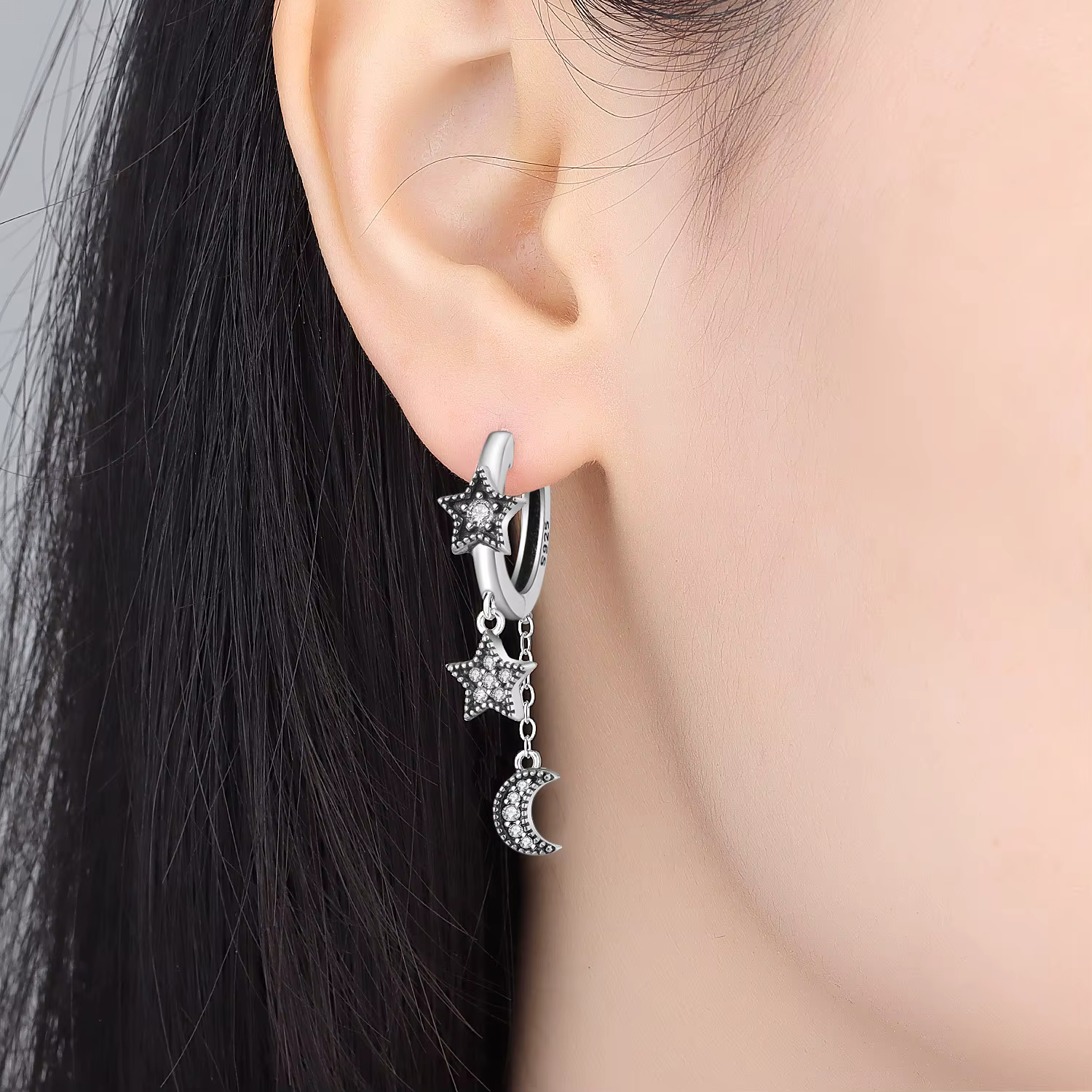 Orstarry Boucles d'oreilles pendantes étoile et lune rétro en argent sterling 925